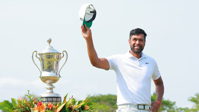 PUERTO VALLARTA, MEXICO - APRIL 30: Tony Finau of the United States poses next to the Mexico Open at Vidanta champions trophy after the final round of the Mexico Open at Vidanta on April 30, 2023 in Puerto Vallarta, Jalisco.