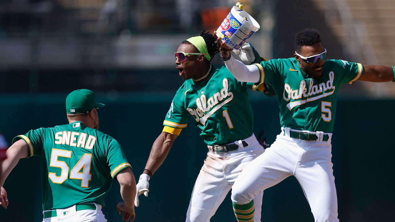 Esteury Ruiz of the Oakland Athletics fields during the game