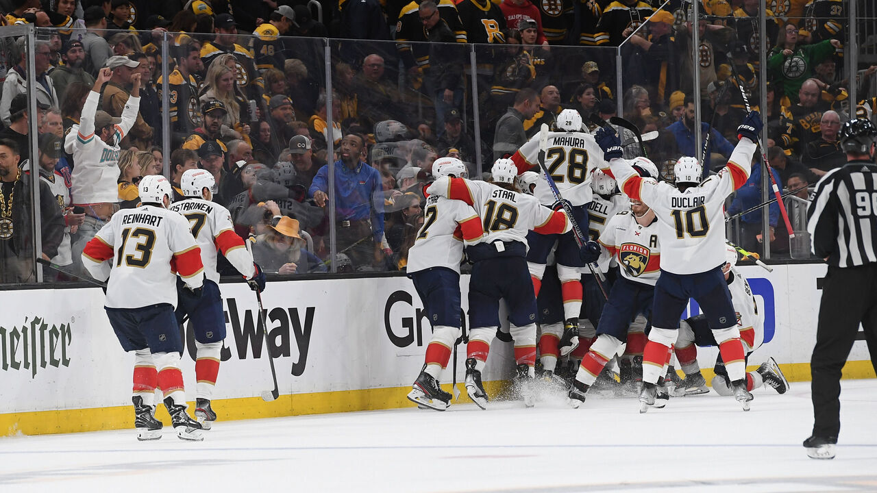 BOSTON, MASSACHUSETTS - APRIL 30: The Florida Panthers celebrate the overtime win against the Boston Bruins in Game Seven of the First Round of the 2023 Stanley Cup Playoffs at TD Garden on April 30, 2023, in Boston, Massachusetts.