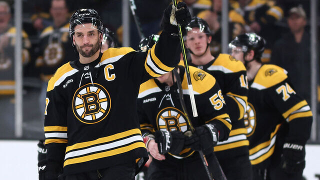 BOSTON, MASSACHUSETTS - APRIL 30: Patrice Bergeron #37 of the Boston Bruins waves to fans before exiting the ice after Florida Panthers defeat the Bruins 4-3 in overtime of Game Seven of the First Round of the 2023 Stanley Cup Playoffs at TD Garden on April 30, 2023 in Boston, Massachusetts.