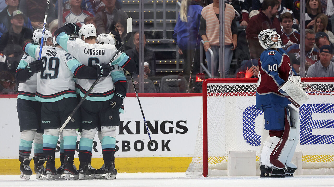 DENVER, COLORADO - APRIL 30: The Seattle Kraken celebrate the first goal by Oliver Bjorkstrand against the Colorado Avalanche in the second period in Game Seven of the First Round of the 2023 Stanley Cup Playoffs at Ball Arena on April 30, 2023 in Denver, Colorado.