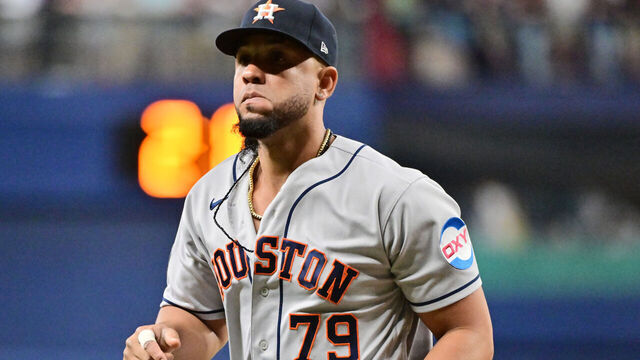 ST PETERSBURG, FLORIDA - APRIL 24: Jose Abreu #79 of the Houston Astros runs off the field after the fifth inning against the Tampa Bay Rays at Tropicana Field on April 24, 2023 in St Petersburg, Florida.