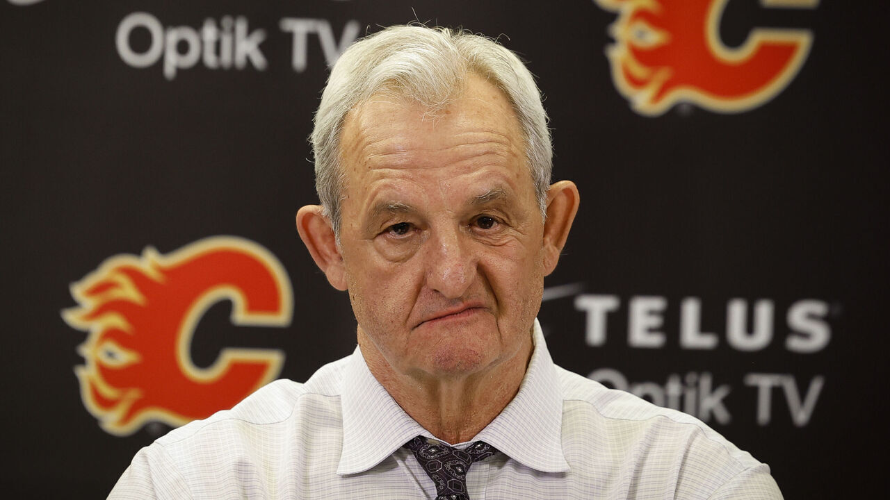 CALGARY, CANADA - APRIL 12: Head coach Darryl Sutter of the Calgary Flames speaks to the media after a 3-1 win over the San Jose Sharks at the Scotiabank Saddledome on April 12, 2023, in Calgary, Alberta, Canada.