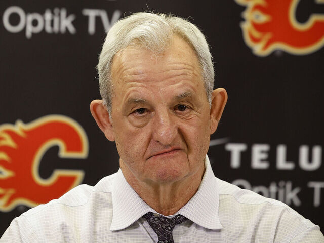 CALGARY, CANADA - APRIL 12: Head coach Darryl Sutter of the Calgary Flames speaks to the media after a 3-1 win over the San Jose Sharks at the Scotiabank Saddledome on April 12, 2023, in Calgary, Alberta, Canada.