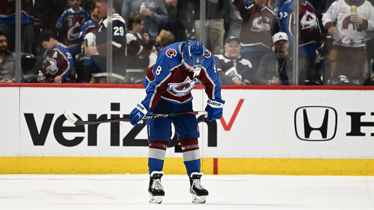 DENVER, CO - APRIL 30: Cale Makar (8) of the Colorado Avalanche dejected after losing game seven of the NHL Stanley Cup Playoffs again the Seattle Kraken 2-1 at Ball Arena April 30, 2023.