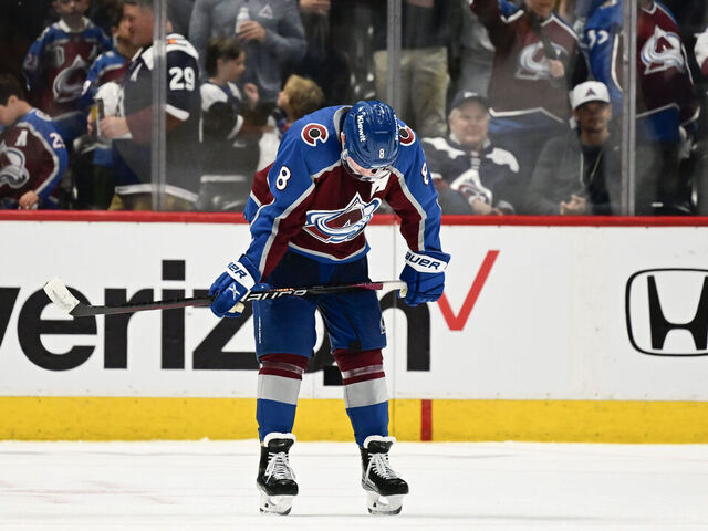 DENVER, CO - APRIL 30: Cale Makar (8) of the Colorado Avalanche dejected after losing game seven of the NHL Stanley Cup Playoffs again the Seattle Kraken 2-1 at Ball Arena April 30, 2023.