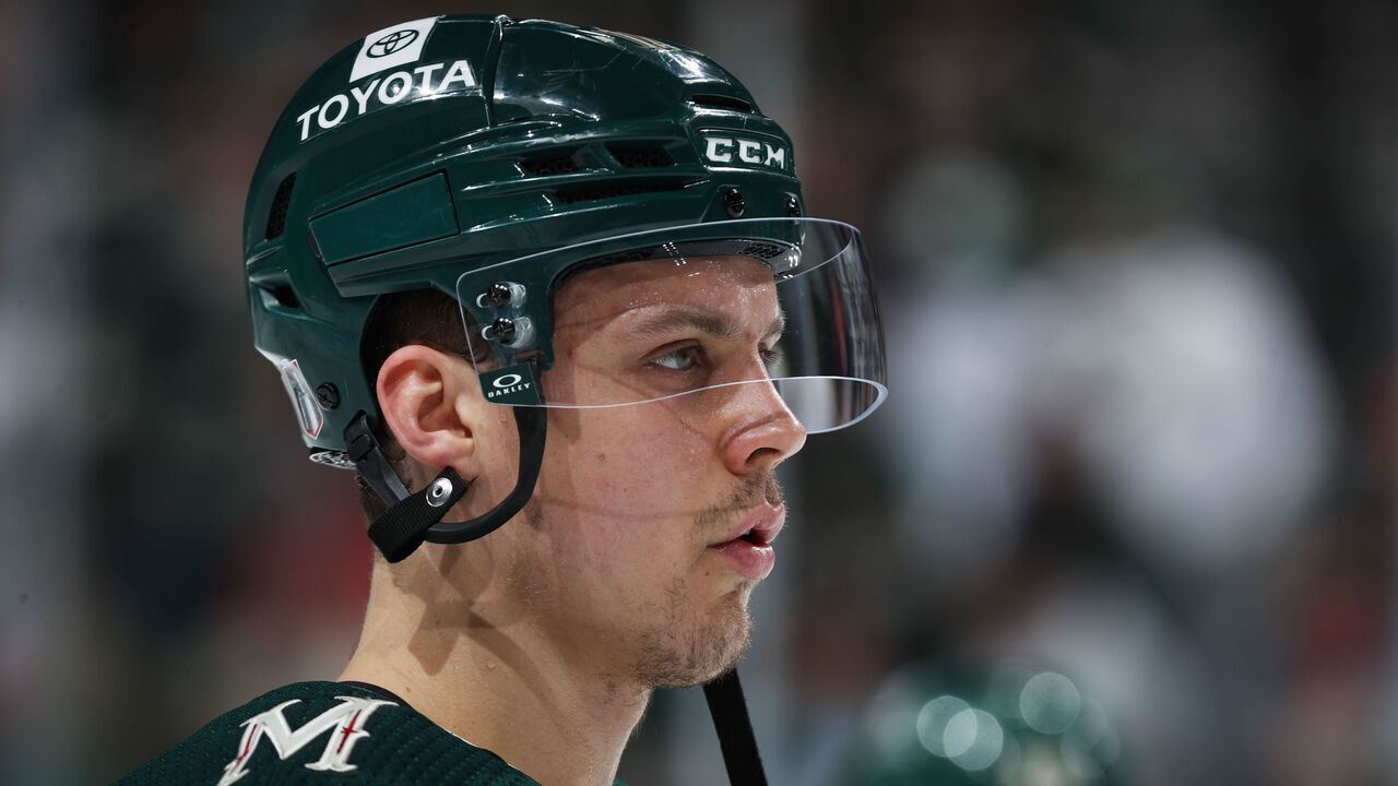 ST PAUL, MN - APRIL 21: Joel Eriksson Ek #14 of the Minnesota Wild warms up before Game Three of the First Round of the 2023 Stanley Cup Playoffs at Xcel Energy Center on April 21, 2023 in St Paul, Minnesota.