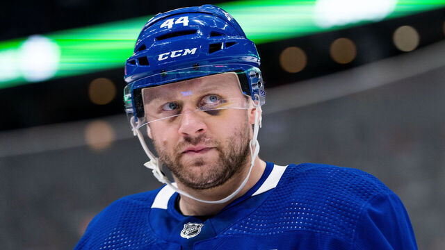 TORONTO, CANADA - APRIL 27: Morgan Rielly #44 of the Toronto Maple Leafs looks on against the Tampa Bay Lightning in Game Five of the First Round of the 2023 Stanley Cup Playoffs at the Scotiabank Arena on April 27, 2023 in Toronto, Ontario, Canada.
