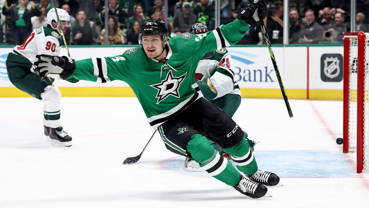 DALLAS, TEXAS - APRIL 19: Roope Hintz #24 of the Dallas Stars celebrates after scoring a goal against Marc-Andre Fleury #29 of the Minnesota Wild in the first period in Game Two of the First Round of the 2023 Stanley Cup Playoffs at American Airlines Center on April 19, 2023 in Dallas, Texas.