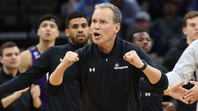 SACRAMENTO, CALIFORNIA - MARCH 18: Head coach Chris Collins of the Northwestern Wildcats reacts after the conclusion of the first half against the UCLA Bruins in the second round of the NCAA Men's Basketball Tournament at Golden 1 Center on March 18, 2023 in Sacramento, California.