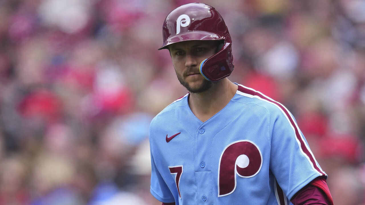PHILADELPHIA, PA - APRIL 27: Trea Turner #7 of the Philadelphia Phillies looks on against the Seattle Mariners at Citizens Bank Park on April 27, 2023 in Philadelphia, Pennsylvania.