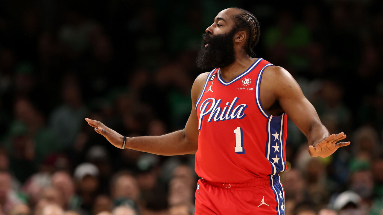 BOSTON, MASSACHUSETTS - MAY 01: James Harden #1 of the Philadelphia 76ers disputes a foul called against him during the first quarter in game one of the Eastern Conference Second Round Playoffs at TD Garden on May 01, 2023 in Boston, Massachusetts.