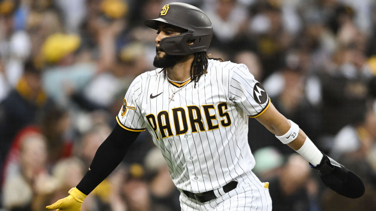 SAN DIEGO, CA - MAY 1: Fernando Tatis Jr. #23 of the San Diego Padres scores in the first inning against the Cincinnati Reds May 1, 2023 at Petco Park in San Diego, California.