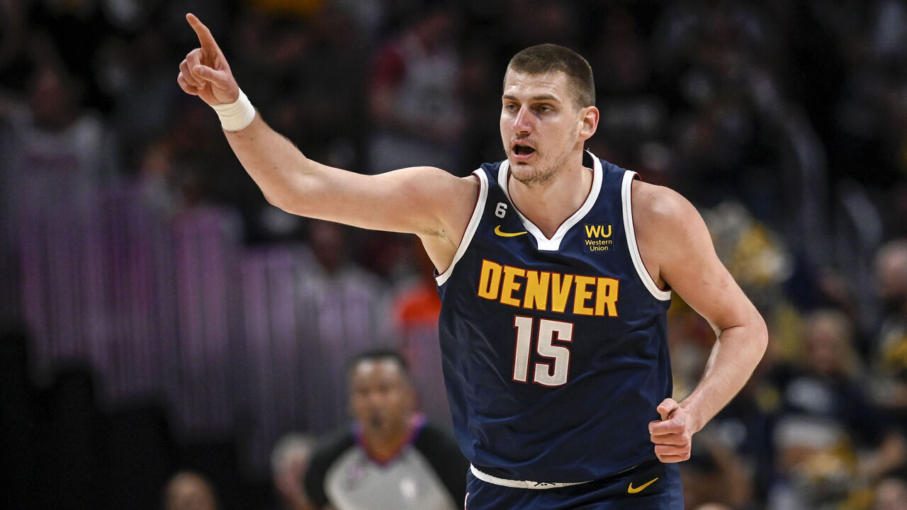 DENVER, CO - MAY 1: Nikola Jokic (15) of the Denver Nuggets celebrates a shot conversion agains the Phoenix Suns during the first quarter at Ball Arena in Denver on Monday, May 1, 2023.