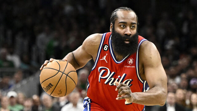 BOSTON, MA - MAY 1: James Harden #1 of the Philadelphia 76ers dribbles the ball during the game against the Boston Celtics during Round 2 Game 1 of the 2023 NBA Playoffs on May 1, 2023 at the TD Garden in Boston, Massachusetts. Mandatory Copyright Notice: Copyright 2023 NBAE