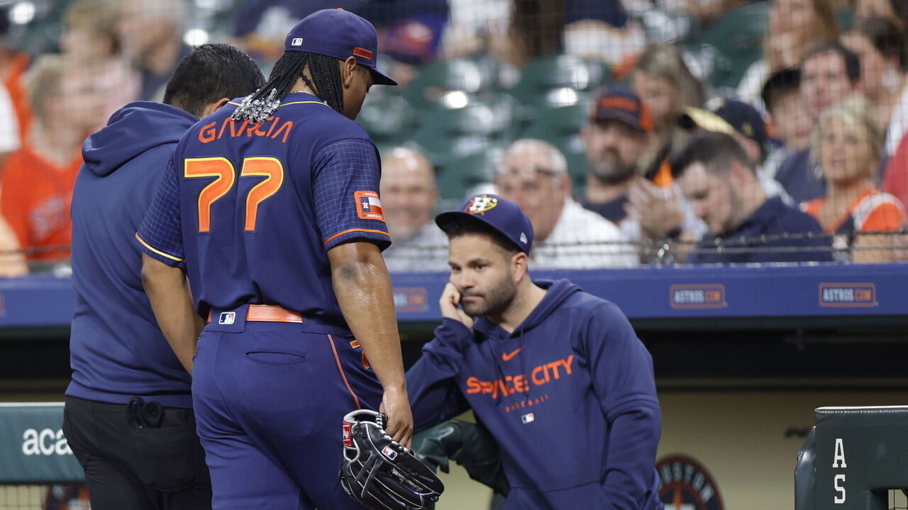 HOUSTON, TEXAS - MAY 01: Luis Garcia #77 of the Houston Astros exits the game during the first inning against the San Francisco Giants at Minute Maid Park on May 01, 2023 in Houston, Texas.