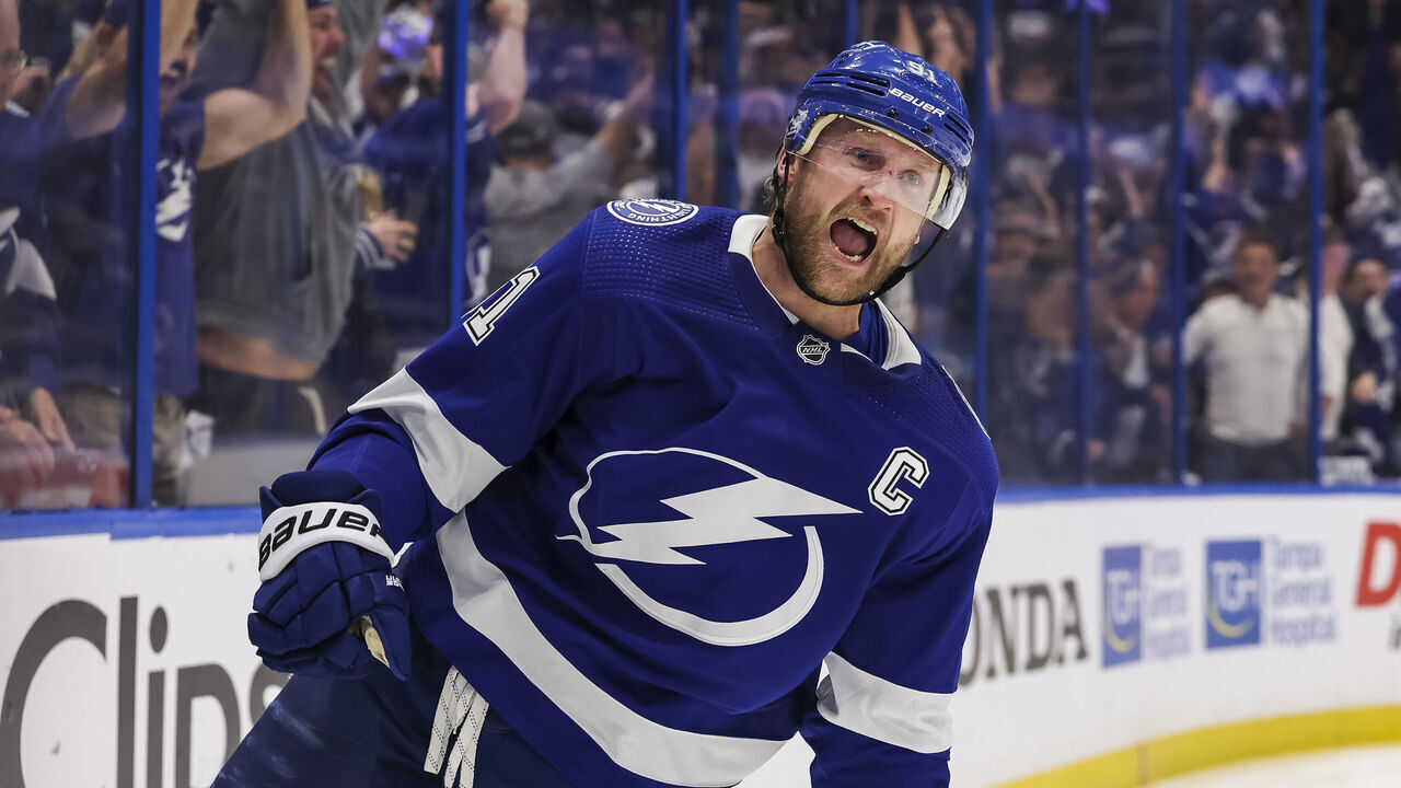 TAMPA, FL - APRIL 29: Steven Stamkos #91 of the Tampa Bay Lightning celebrates a goal against the Toronto Maple Leafs during the third period in Game Six of the First Round of the 2023 Stanley Cup Playoffs at Amalie Arena on April 29, 2023 in Tampa, Florida.