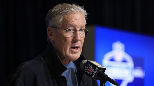 INDIANAPOLIS, INDIANA - FEBRUARY 28: Head coach Pete Carroll of the Seattle Seahawks speaks with the media during the NFL Combine at Lucas Oil Stadium on February 28, 2023 in Indianapolis, Indiana.