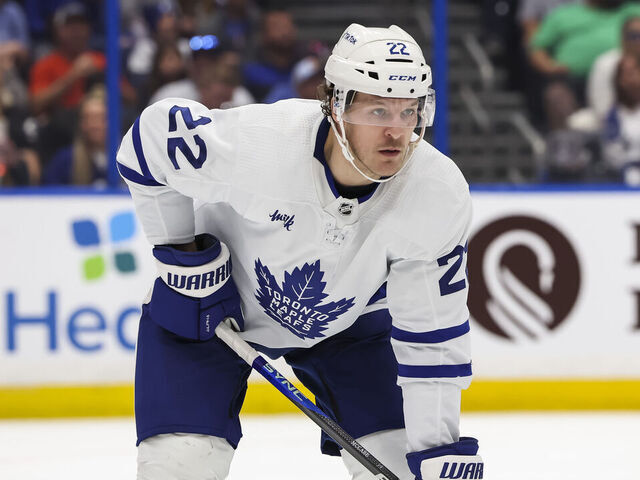 TAMPA, FL - APRIL 11: Jake McCabe #22 of the Toronto Maple Leafs against the Tampa Bay Lightning during the second period at Amalie Arena on April 11, 2023 in Tampa, Florida.