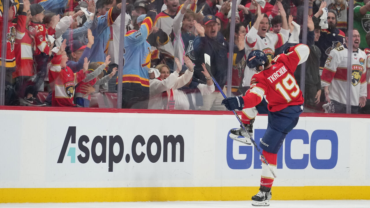 SUNRISE, FL - APRIL 23: Florida Panthers left wing Matthew Tkachuk (19) celebrates after his goal in the third period during game six of the first round of the Eastern Conference Playoffs between the Boston Bruins and the Florida Panthers on Friday, April 28, 2023 at FLA Live Arena in Sunrise, Fla