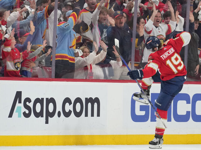 SUNRISE, FL - APRIL 23: Florida Panthers left wing Matthew Tkachuk (19) celebrates after his goal in the third period during game six of the first round of the Eastern Conference Playoffs between the Boston Bruins and the Florida Panthers on Friday, April 28, 2023 at FLA Live Arena in Sunrise, Fla