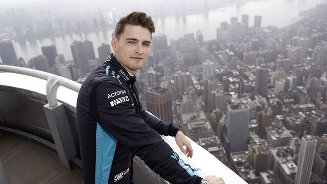 NEW YORK, NEW YORK - APRIL 04: American Williams Racing Formula 1 Driver Logan Sargeant visits The Empire State Building on April 04, 2023 in New York City.