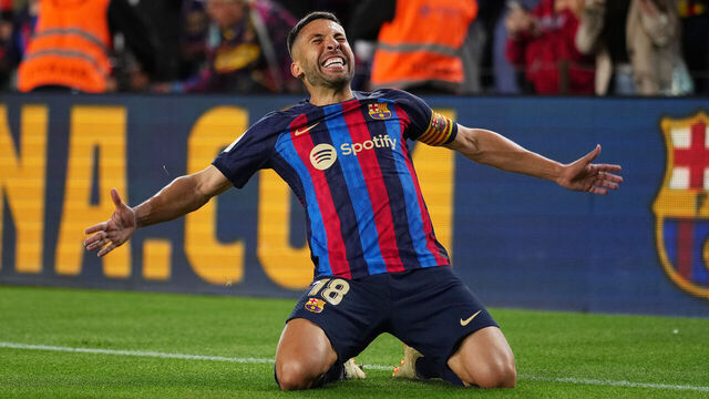 BARCELONA, SPAIN - MAY 02: Jordi Alba of FC Barcelona celebrates after scoring the team's first goal during the LaLiga Santander match between FC Barcelona and CA Osasuna at Spotify Camp Nou on May 02, 2023 in Barcelona, Spain.