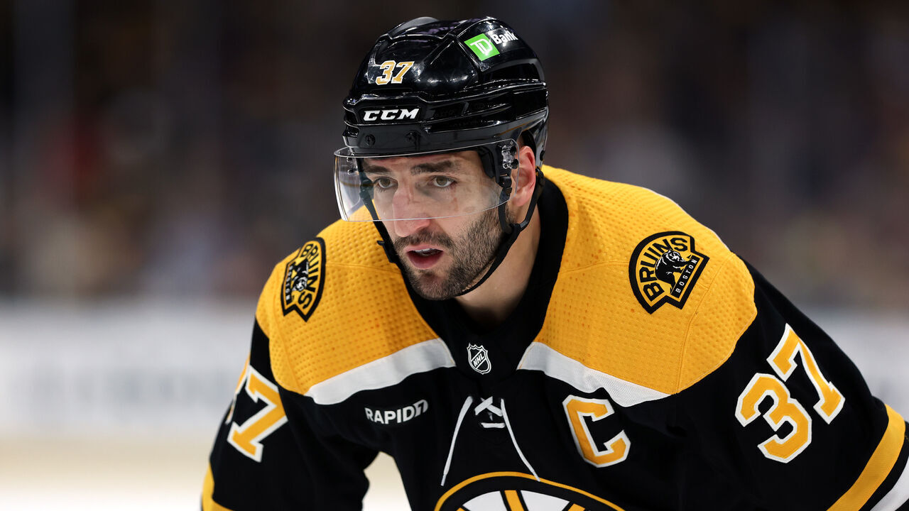BOSTON, MASSACHUSETTS - APRIL 26: Patrice Bergeron #37 of the Boston Bruins looks on against the Florida Panthers during the first period in Game Five of the First Round of the 2023 Stanley Cup Playoffs at TD Garden on April 26, 2023 in Boston, Massachusetts.