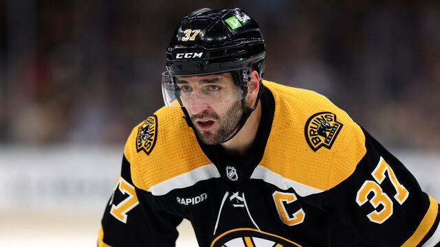 BOSTON, MASSACHUSETTS - APRIL 26: Patrice Bergeron #37 of the Boston Bruins looks on against the Florida Panthers during the first period in Game Five of the First Round of the 2023 Stanley Cup Playoffs at TD Garden on April 26, 2023 in Boston, Massachusetts.