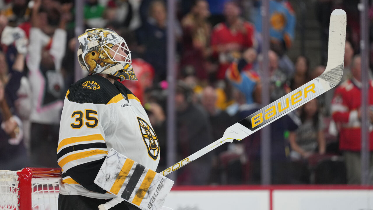 SUNRISE, FL - APRIL 23: Boston Bruins goaltender Linus Ullmark (35) watches a replay after giving up a goal in the second period during game six of the first round of the Eastern Conference Playoffs between the Boston Bruins and the Florida Panthers on Friday, April 28, 2023 at FLA Live Arena in Sunrise, Fla