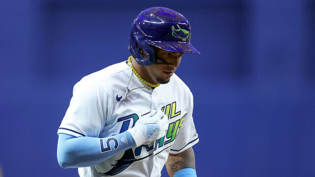ST. PETERSBURG, FL - APRIL 7: Wander Franco #5 of the Tampa Bay Rays rounds the bases after hitting a home run against the Oakland Athletics during a baseball game at Tropicana Field on April 7, 2023 in St. Petersburg, Florida.