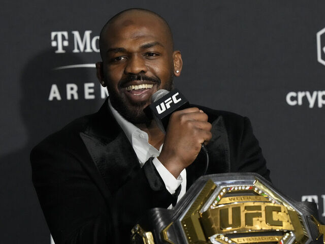 LAS VEGAS, NV - March 5: Jon Jones meets with the media following his win over Cyril Gane at T-Mobile Arena for UFC 285 -Jones vs Gane : Event on March 5, 2023 in Las Vegas, NV, United States.
