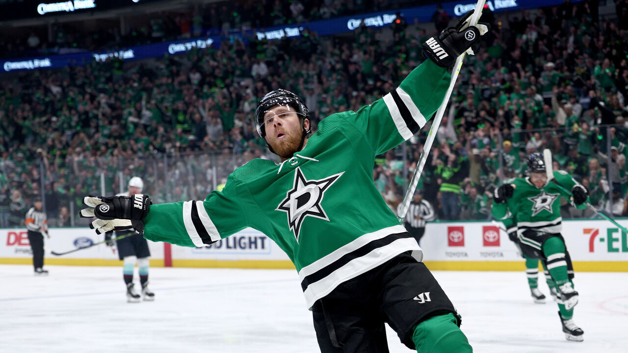 DALLAS, TEXAS - MAY 02: Joe Pavelski #16 of the Dallas Stars celebrates after scoring a goal against the Seattle Kraken in the first period in Game One of the Second Round of the 2023 Stanley Cup Playoffs at American Airlines Center on May 02, 2023 in Dallas, Texas.