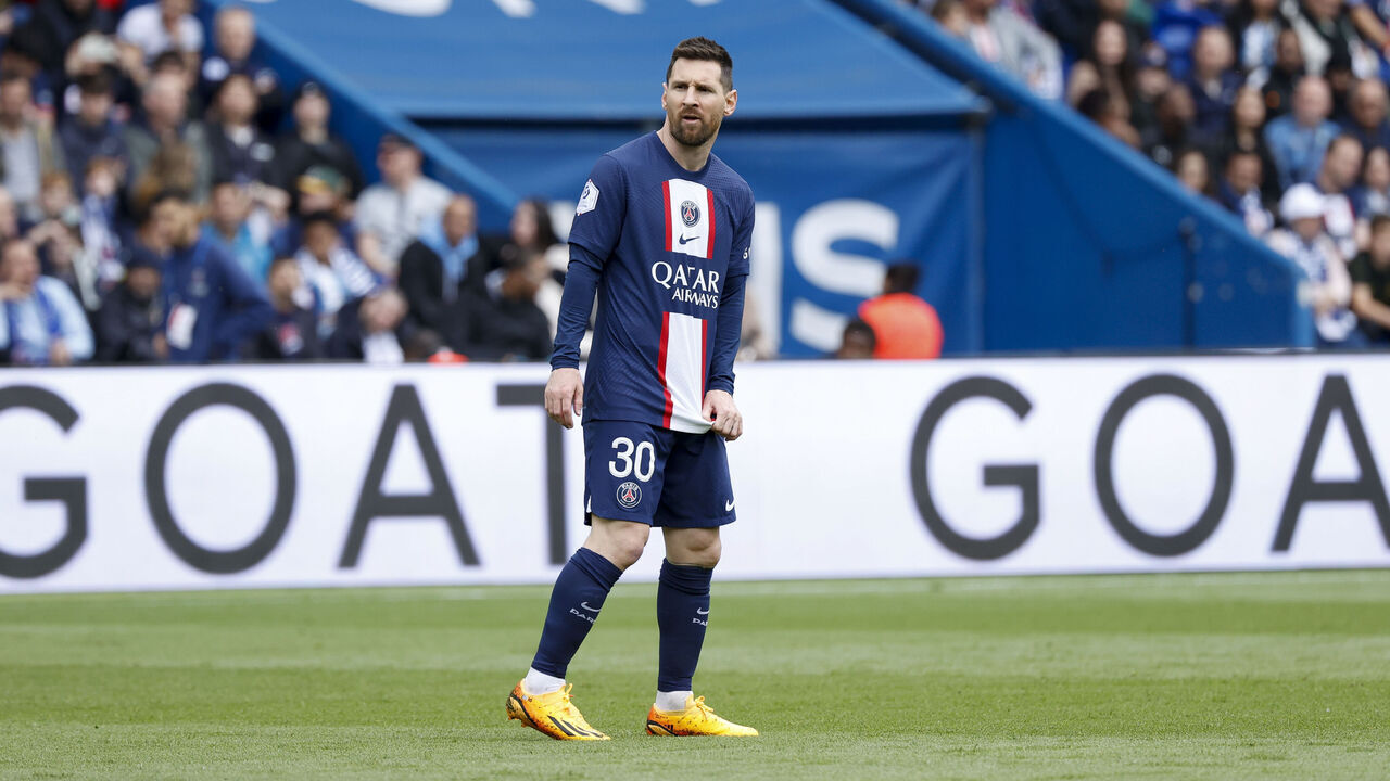 PARIS, FRANCE - APRIL 30: Lionel Messi #30 of Paris Saint-Germain looks on during the Ligue 1 match between Paris Saint-Germain and FC Lorient at Parc des Princes on April 30, 2023 in Paris, France.