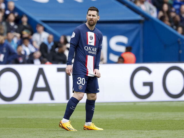 PARIS, FRANCE - APRIL 30: Lionel Messi #30 of Paris Saint-Germain looks on during the Ligue 1 match between Paris Saint-Germain and FC Lorient at Parc des Princes on April 30, 2023 in Paris, France.