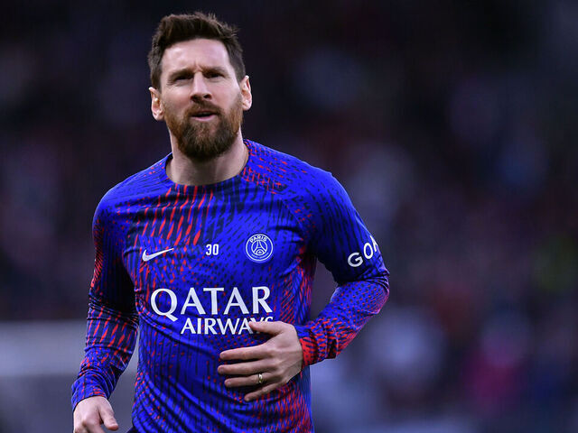 ANGERS, FRANCE - APRIL 21: Leo Messi of Paris Saint-Germain warms up before the Ligue 1 match between Angers SCO and Paris Saint-Germain at Stade Raymond Kopa on April 21, 2023 in Angers, France.