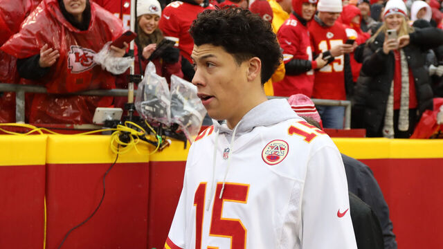KANSAS CITY, MO - JANUARY 21: Kansas City Chiefs quarterback Patrick Mahomes (15) brother Jackson Mahomes before an AFC divisional playoff game between the Jacksonville Jaguars and Kansas City Chiefs on January 21, 2023 at GEHA Field at Arrowhead Stadium in Kansas City, MO.