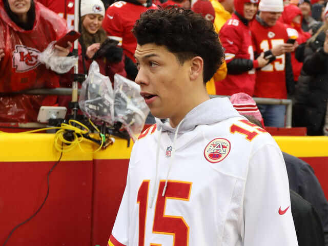 KANSAS CITY, MO - JANUARY 21: Kansas City Chiefs quarterback Patrick Mahomes (15) brother Jackson Mahomes before an AFC divisional playoff game between the Jacksonville Jaguars and Kansas City Chiefs on January 21, 2023 at GEHA Field at Arrowhead Stadium in Kansas City, MO.