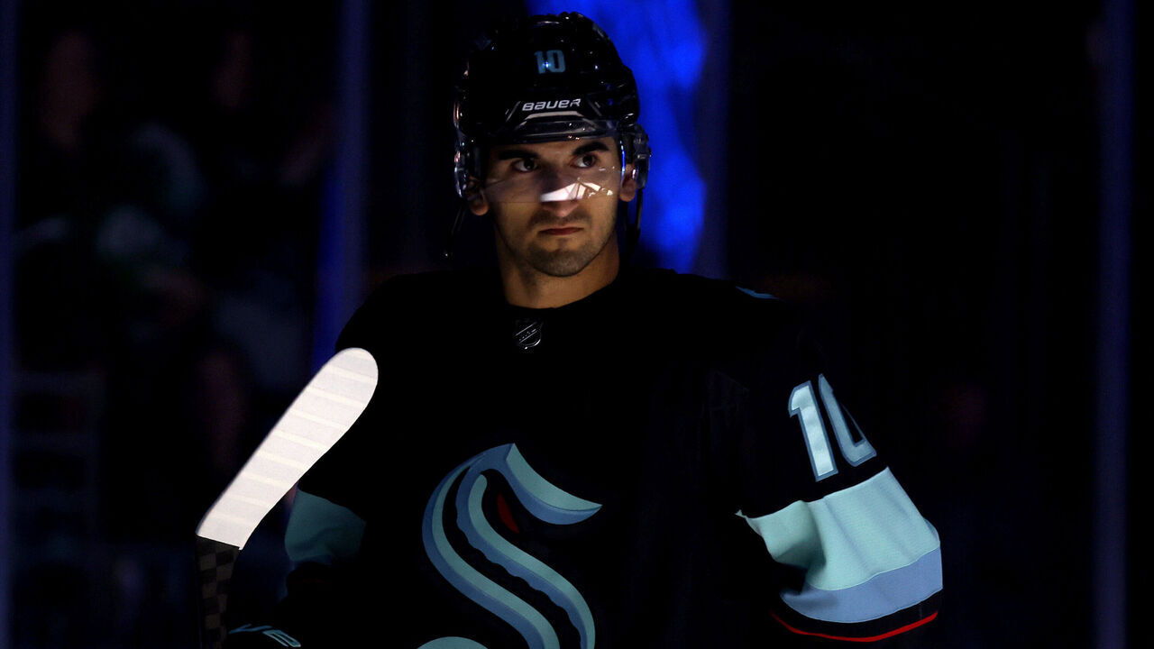 SEATTLE, WASHINGTON - APRIL 08: Matty Beniers #10 of the Seattle Kraken looks on before the game against the Chicago Blackhawks at Climate Pledge Arena on April 08, 2023 in Seattle, Washington.