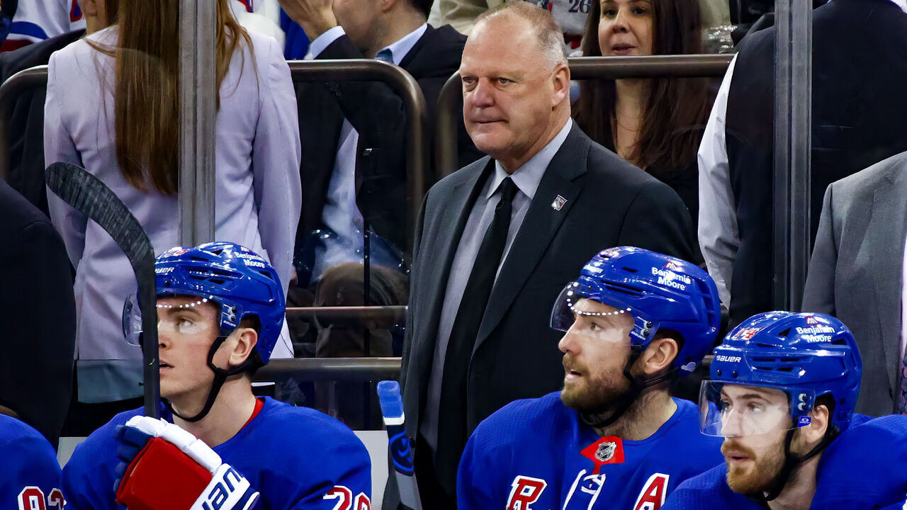 NEW YORK, NY - MARCH 28: New York Rangers Head Coach Gerard Gallant is pictured during the National Hockey League game between the Columbus Blue Jackets and the New York Rangers on March 28, 2023 at Madison Square Garden in New York, NY.