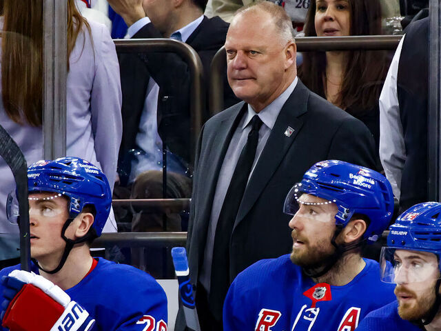 NEW YORK, NY - MARCH 28: New York Rangers Head Coach Gerard Gallant is pictured during the National Hockey League game between the Columbus Blue Jackets and the New York Rangers on March 28, 2023 at Madison Square Garden in New York, NY.