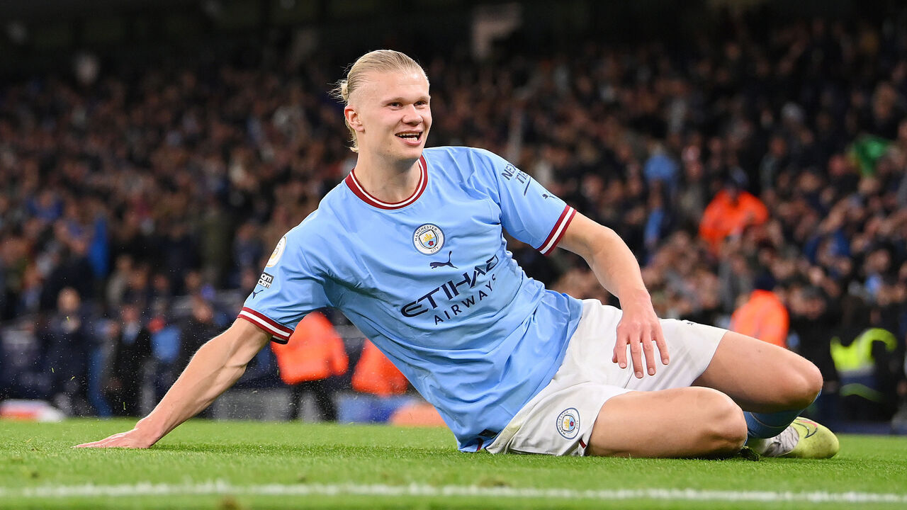MANCHESTER, ENGLAND - MAY 03: Erling Haaland of Manchester City celebrates after scoring the team's second goal during the Premier League match between Manchester City and West Ham United at Etihad Stadium on May 03, 2023 in Manchester, England.
