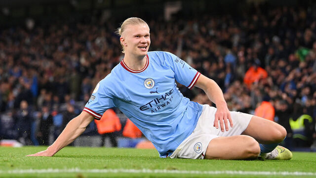 MANCHESTER, ENGLAND - MAY 03: Erling Haaland of Manchester City celebrates after scoring the team's second goal during the Premier League match between Manchester City and West Ham United at Etihad Stadium on May 03, 2023 in Manchester, England.