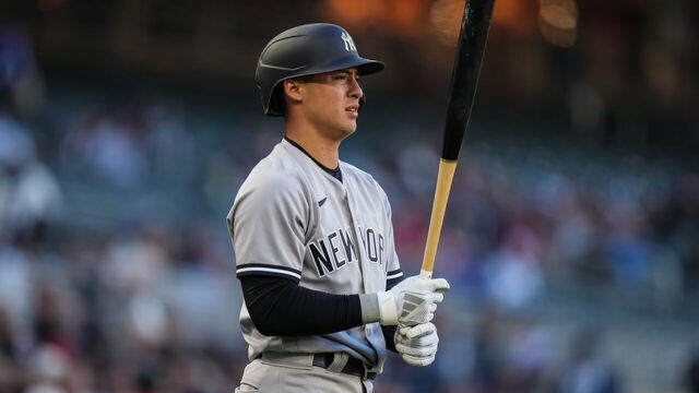 MINNEAPOLIS, MN - APRIL 25: Anthony Volpe #11 of the New York Yankees looks on against the Minnesota Twins on April 25, 2023 at Target Field in Minneapolis, Minnesota.