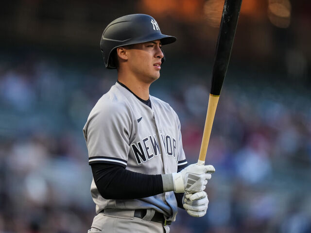 MINNEAPOLIS, MN - APRIL 25: Anthony Volpe #11 of the New York Yankees looks on against the Minnesota Twins on April 25, 2023 at Target Field in Minneapolis, Minnesota.