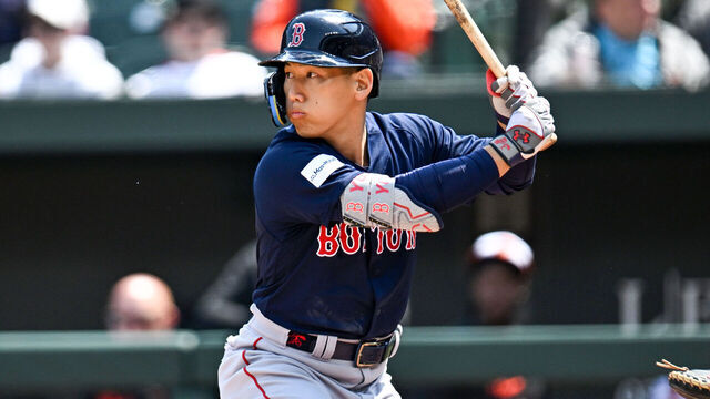 BALTIMORE, MARYLAND - APRIL 26, 2023: Masataka Yoshida #7 of the Boston Red Sox bats during the second inning against the Baltimore Orioles at Oriole Park at Camden Yards on April 26, 2023 in Baltimore, Maryland.