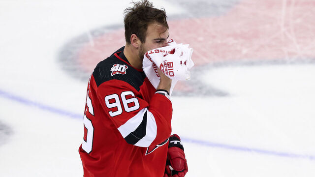 NEWARK, NJ - MAY 01: New Jersey Devils right wing Timo Meier (96) holds a towel to his face after getting hit during Game 7 of an Eastern Conference First Round playoff game between the New York Rangers and the New Jersey Devils on May 1, 2023, at Prudential Center in Newark, New Jersey.
