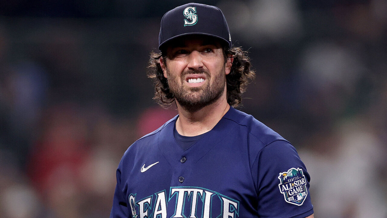 SEATTLE, WASHINGTON - MARCH 31: Robbie Ray #38 of the Seattle Mariners reacts during the second inning against the Cleveland Guardians at T-Mobile Park on March 31, 2023 in Seattle, Washington.