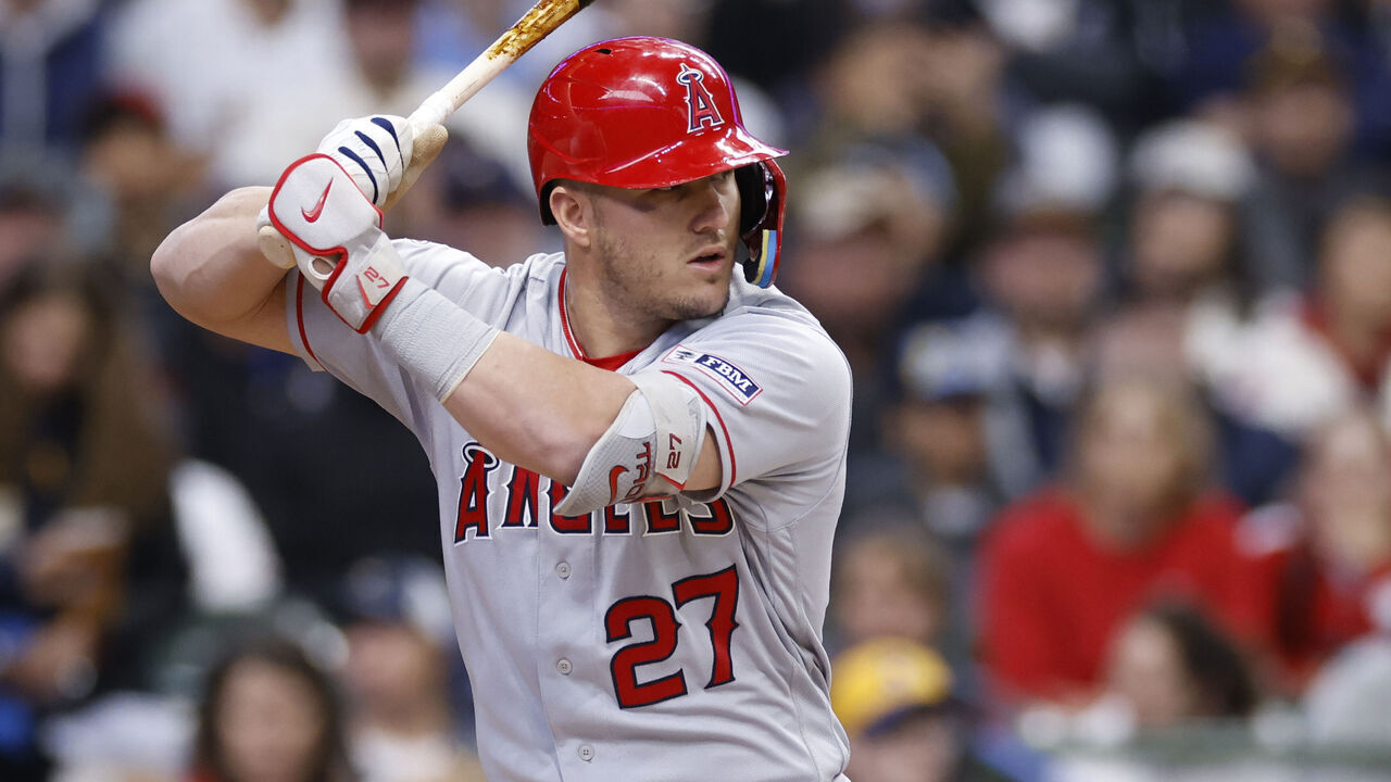 MILWAUKEE, WI - APRIL 30: Los Angeles Angels center fielder Mike Trout (27) bats during an MLB game against the Milwaukee Brewers on April 30, 2023 at American Family Field in Milwaukee, Wisconsin.