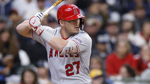 MILWAUKEE, WI - APRIL 30: Los Angeles Angels center fielder Mike Trout (27) bats during an MLB game against the Milwaukee Brewers on April 30, 2023 at American Family Field in Milwaukee, Wisconsin.